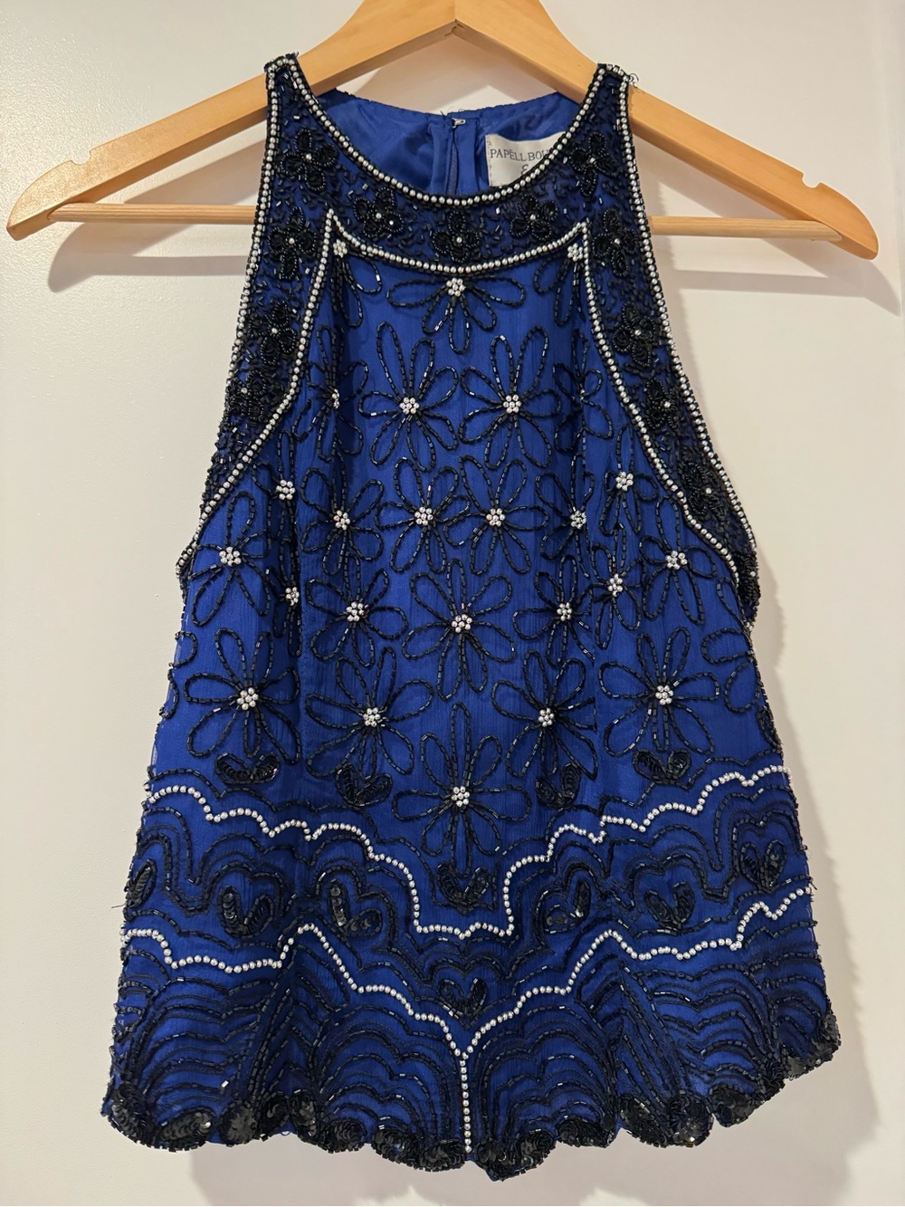 Papell Boutique Beaded Royal Blue Sleeveless Tank - Floral Motif